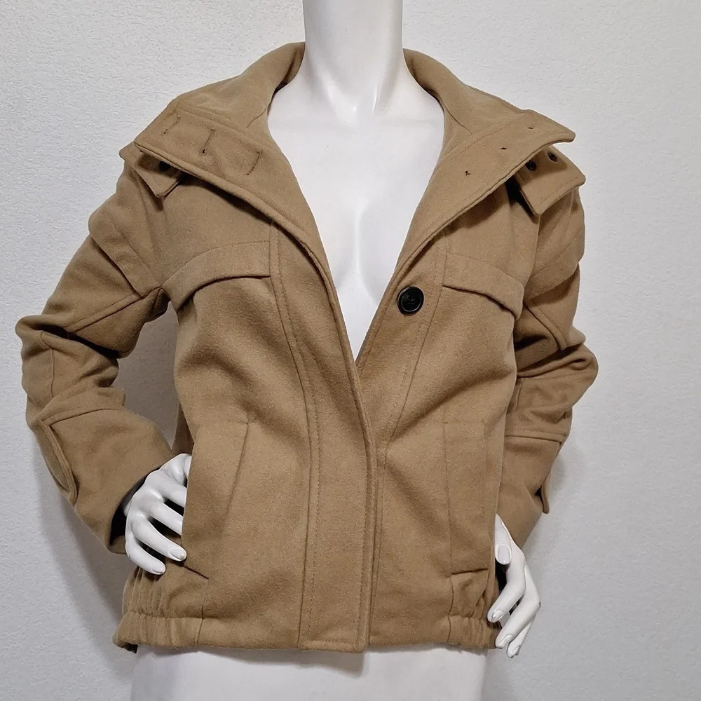 Zara Quiet Luxury Tan 80% Wool Gorpcore Preppy W/Pockets Hooded Jacket Size S
